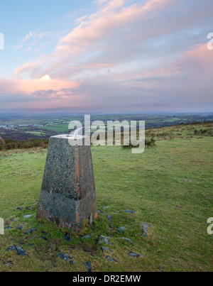 Sunset from East hill triangulation (trig)  point Dartmoor National Park Devon Uk Stock Photo