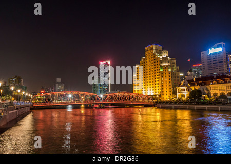 Night View of Waibaidu Bridge, Shanghai, China Stock Photo