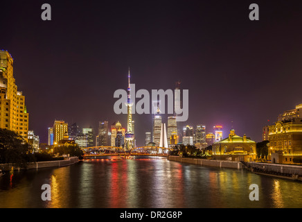 Night View of Waibaidu Bridge, Shanghai, China Stock Photo