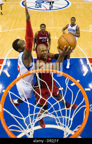 January 17, 2014: Miami Heat shooting guard Ray Allen (34) goes up for the shot with Philadelphia 76ers shooting guard Tony Wroten (8) guarding him during the NBA game between the Miami Heat and the Philadelphia 76ers at the Wells Fargo Center in Philadelphia, Pennsylvania. The Heat win 101-86. Christopher Szagola/Cal Sport Media Stock Photo