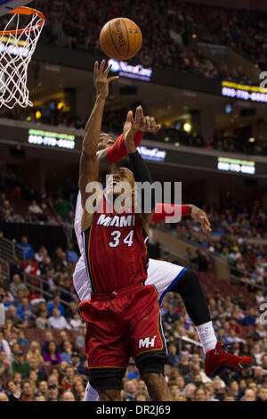 January 17, 2014: Miami Heat shooting guard Ray Allen (34) puts up the shot as Philadelphia 76ers shooting guard Tony Wroten (8) looks to defend it during the NBA game between the Miami Heat and the Philadelphia 76ers at the Wells Fargo Center in Philadelphia, Pennsylvania. The Heat win 101-86. Christopher Szagola/Cal Sport Media Stock Photo