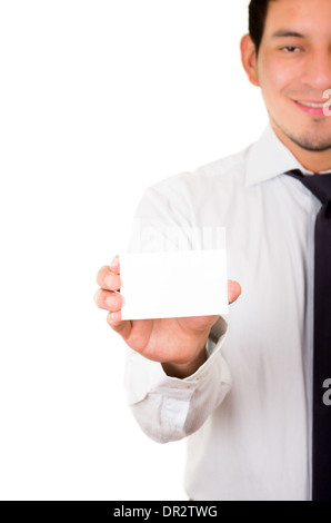 Hispanic Man's hand showing business card Stock Photo