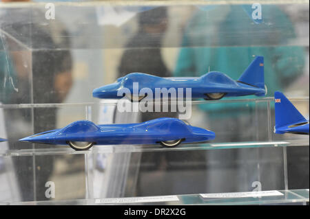 Alexandra Palace, London, UK. 18th January 2014. Models of Donald Campbell's car Bluebird on display at the London Model Engineering Exhibition. Credit:  Matthew Chattle/Alamy Live News Stock Photo