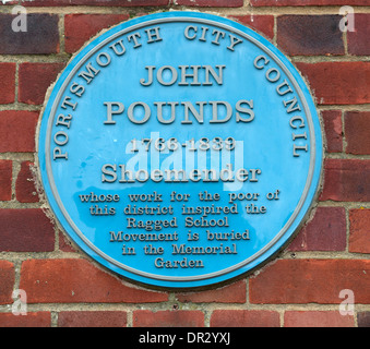 Blue Plaque to John Pounds, 1766-1839, High Street, Portsmouth, Hampshire, England, UK. Stock Photo