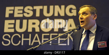 Kirchheim, Germany. 18th Jan, 2014. Temporary federal chairman of the NPD Udo Pastoers speaks at the federal party conference of the right-wing extremist National Democratic Party of Germany (NPD) in Kirchheim, Germany, 18 January 2014. Photo: JENS-ULRICH KOCH/dpa/Alamy Live News Stock Photo