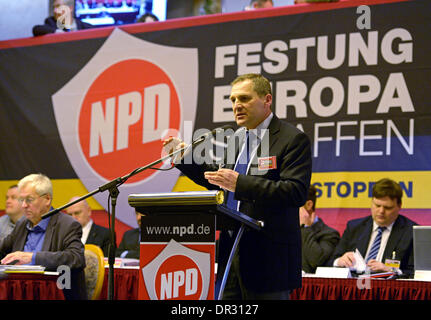 Kirchheim, Germany. 18th Jan, 2014. Temporary federal chairman of the NPD Udo Pastoers speaks at the federal party conference of the right-wing extremist National Democratic Party of Germany (NPD) in Kirchheim, Germany, 18 January 2014. Photo: JENS-ULRICH KOCH/dpa/Alamy Live News Stock Photo