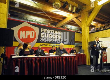 Kirchheim, Germany. 18th Jan, 2014. Temporary federal chairman of the NPD, Udo Pastoers (R), speaks at the federal party conference of the right-wing extremist National Democratic Party of Germany (NPD) in Kirchheim, Germany, 18 January 2014. Photo: JENS-ULRICH KOCH/dpa/Alamy Live News Stock Photo