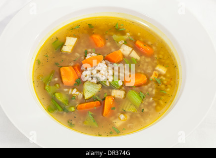 Vegetable soup w carrot, leek and celery stalks Stock Photo