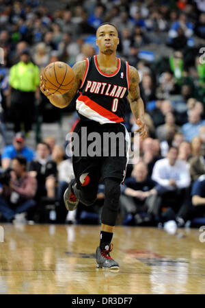 Jan 18, 2014: Portland Trail Blazers point guard Damian Lillard #0 during an NBA game between the Portland Trail Blazers and the Dallas Mavericks at the American Airlines Center in Dallas, TX Portland defeated Dallas 127-111 Stock Photo