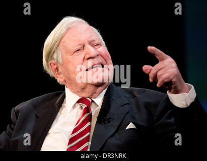 Hamburg, Germany. 19th Jan, 2014. Former German Chancellor Schmidt speaks during his birthday celebration in the Thalia Theatre in Hamburg, Germany, 19 January 2014. Nearly a month after his actual birthday citizens, senate and the weekly journal 'Die Zeit' have invited Hamburg's honorary citizen to congratulate him. Photo: Christian Charisius/dpa/Alamy Live News Stock Photo