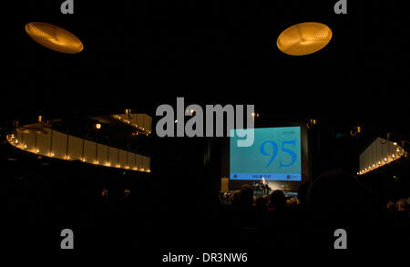 Hamburg, Germany. 19th Jan, 2014. Former German Chancellor Helmut Schmidt (SPD), speaks during his birthday celebration in the Thalia Theatre in Hamburg, Germany, 19 January 2014. Nearly a month after his actual birthday citizens, senate and the weekly journal 'Die Zeit' have invited Hamburg's honorary citizen to congratulate him. Photo: Christian Charisius/dpa/Alamy Live News Stock Photo