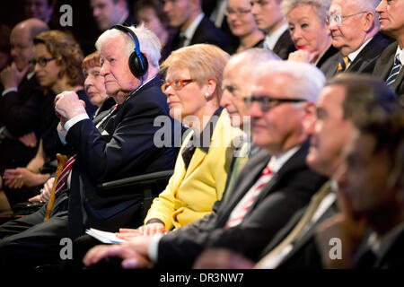 Hamburg, Germany. 19th Jan, 2014. Former German Chancellor Helmut Schmidt (SPD), his wife Ruth Loah (3RD-L) and his daughter Susanne (5th-L) during his birthday celebration in the Thalia Theatre in Hamburg, Germany, 19 January 2014. Nearly a month after his actual birthday citizens, senate and the weekly journal 'Die Zeit' have invited Hamburg's honorary citizen to congratulate him. Photo: Christian Charisius/dpa/Alamy Live News Stock Photo