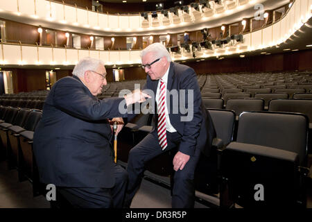 Hamburg, Germany. 19th Jan, 2014. Federal Foreign Minister Frank-Walter Steinmeier and former US Foreign Minister Henry Kissinger talk to each other after Schmidt's birthday celebration in the Thalia Theatre in Hamburg, Germany, 19 January 2014. Nearly a month after his actual birthday citizens, senate and the weekly journal 'Die Zeit' have invited Hamburg's honorary citizen to congratulate him. Photo: Christian Charisius/dpa/Alamy Live News Stock Photo