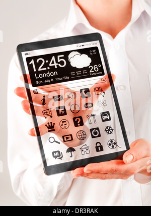 Tablet with a transparent display in human hands. Concept actual future innovative ideas and best technologies humanity. Stock Photo