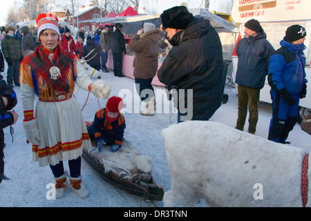 Reindeer caravan Jokkmokk fair Laponia Sweden Winter Stock Photo