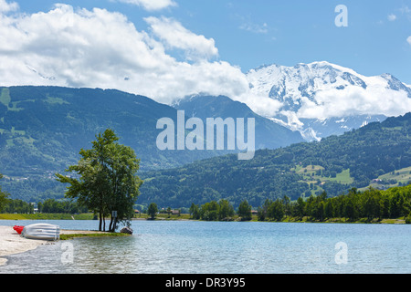 Lake Passy and Mont Blanc mountain massif summer view (Chamonix, France). Stock Photo