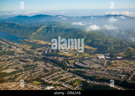 Aerial over the San Francisco peninsula and the San Andreas Earthquake fault, near Daly City, California
