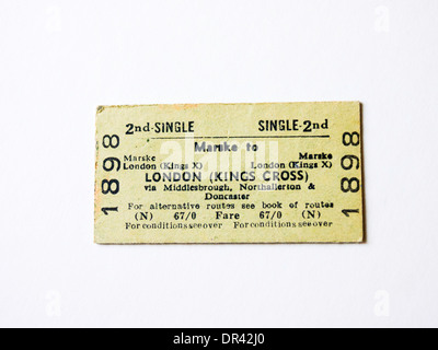 A used second class Rail ticket between Marske (North Yorkshire) and London Kings Cross, from the late 1960's. Stock Photo