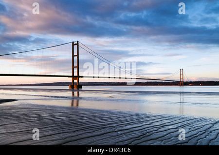 The Humber Bridge and the River Humber at low tide from Barton-upon-Humber in North Lincolnshire Stock Photo