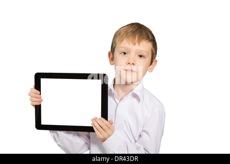 Happy boy with tablet computer. Child showing tablet Stock Photo
