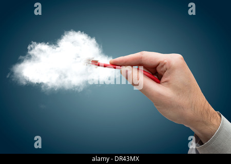 Cloud computing concept. Hand with ethernet cable connecting into cloud. Stock Photo