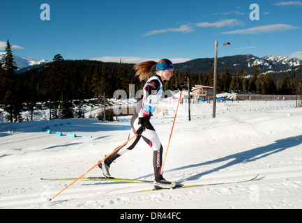 Cross country skiing in Whistler.  Nordic ski racers at the Whistler Olympic Park. Whistler BC, Canada Stock Photo