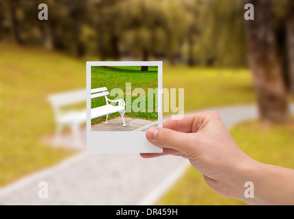 Holding Instant photo on a autumn background. Stock Photo