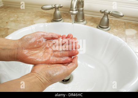 Horizontal photo of female hands lathering in liquid soap with bathroom sink and running faucet in background Stock Photo