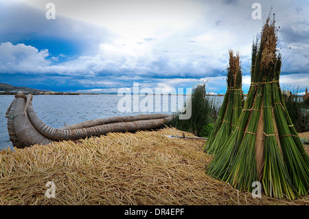 Reed boat on Lake Titicaca Stock Photo