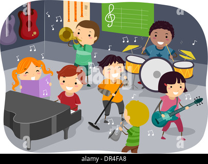 Stickman Illustration Featuring Kids Playing with Different Musical Instruments in a Music Room Stock Photo