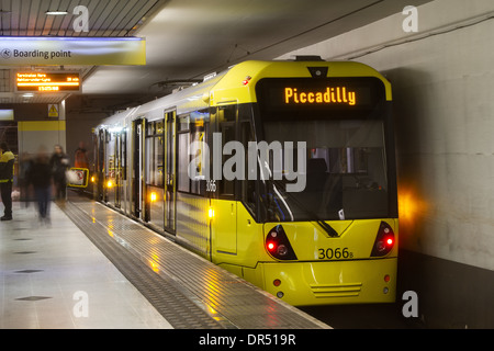 Boarding Point 3066 M5000 light rail passenger vehicle. Metrolink Tram station platform at Manchester Piccadilly, Lancashire, UK Stock Photo