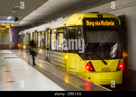 Bury via Victoria. No. 30020a M5000 tram ‘Lancashire Fusilier’ Tram station platform at Manchester Piccadilly, Lancashire, UK Stock Photo