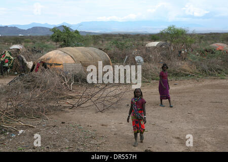 Ethiopian nomad family with their hut and animals Stock Photo