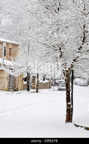 Snow in Valldemossa. A village located in the Serra de Tramuntana in the north of Mallorca. Stock Photo