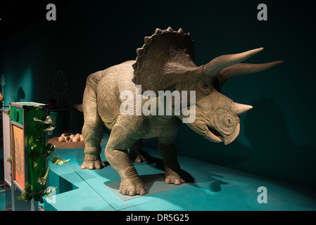 Life size model dinosaurs on display at the Science Museum in Hong Kong. Stock Photo