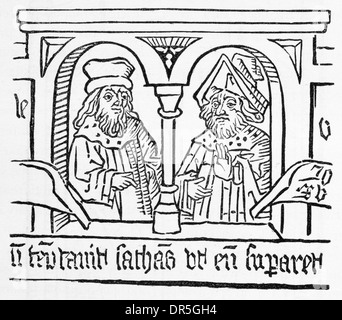Wood cut from the Poor Preachers Bible showing two merchants Late 15th Century Stock Photo