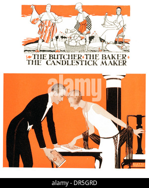 British Press Advertisment The Butcher Baker Candle stick maker Designed for the Allied Newspapers Ltd By John Austen Designed Stock Photo