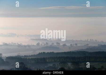 Ashbourne, Peak Districk, UK . 20th Jan, 2014. Freezing mist clings to the landscape over Staffordshire as seen from the Weaver Hills near Ashbourne, Derbyshire. Credit:  Joanne Roberts/Alamy Live News Stock Photo