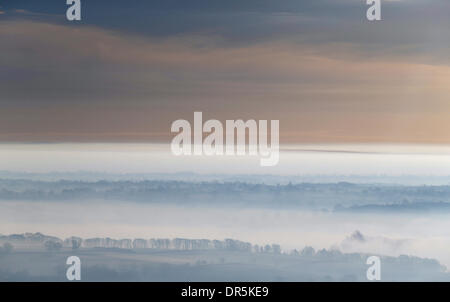 Ashbourne, Peak Districk, UK . 20th Jan, 2014. Freezing mist clings to the landscape over Staffordshire as seen from the Weaver Hills near Ashbourne, Derbyshire. Credit:  Joanne Roberts/Alamy Live News Stock Photo