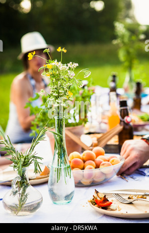 Friends barbecuing on the riverside, picnic table in foreground, Bavaria, Germany Stock Photo