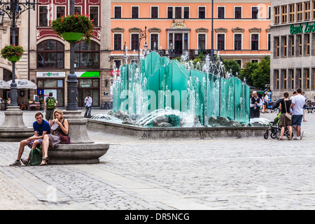 The modern fountain in Wroclaw's old town Market Square or Rynek. Stock Photo