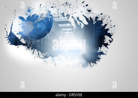Splash on wall revealing earth in server hall Stock Photo