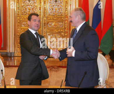 Feb 03, 2009 - Moscow, Russia - Russian President DMITRY MEDVEDEV (L) meets President of Belarus ALEXANDER LUKASHENKO in Moscow. Belarus is absolutely sincere in its policy towards Russia, said President of the Republic of Belarus, Chairman of the Supreme State Council of the Belarus-Russia Union State Alexander Lukashenko at his meeting with President Dmitry Medvedev in Moscow. (C Stock Photo