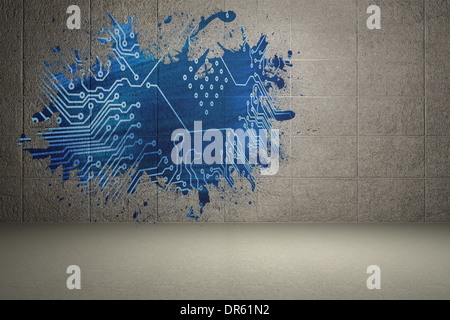 Splash on wall revealing circuit board Stock Photo