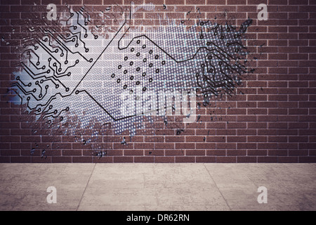 Splash on wall revealing circuit board Stock Photo