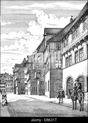 16th century, houses in the Baeckerklint Nr. 10-14, 1538, destroyed in World War II, Braunschweig, Lower Saxony, German Stock Photo