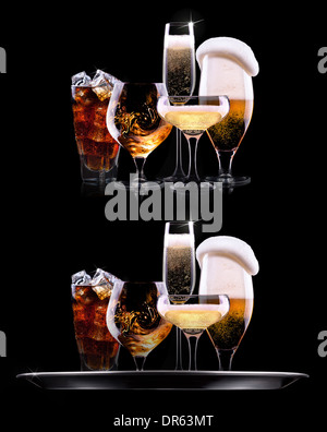 tray with different drinks on black background - champagne, beer, cocktail, wine, brandy, whiskey, scotch, vodka, cognac Stock Photo