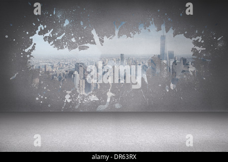 Splash on wall revealing cityscape Stock Photo