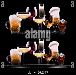 tray with different drinks on black background - champagne, beer, cocktail, wine, brandy, whiskey, scotch, vodka, cognac Stock Photo