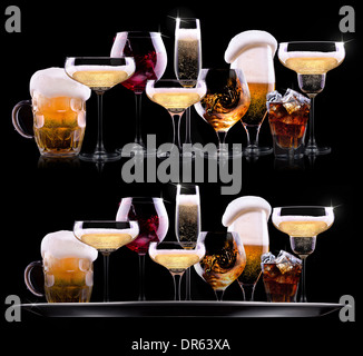 tray with different drinks on black background - champagne, beer, cocktail, wine, brandy, whiskey, scotch, vodka, cognac Stock Photo